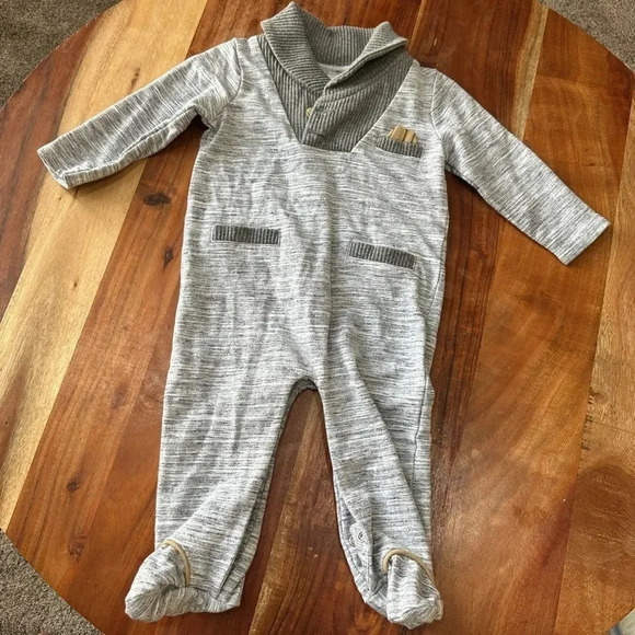 MINICLASIX Shawl Collar Footie Jumpsuit Elbow Patch Dressy Size 9 Month - Picture 1 of 7